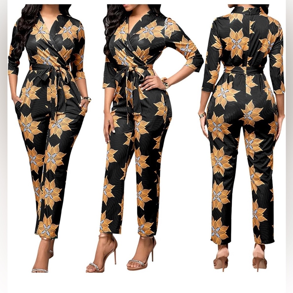 NWOT JUMPSUIT, 1-piece, V-Neck, Zipper, 3/4 Sleeves, Pockets, Flowers.Size L - Picture 2 of 12